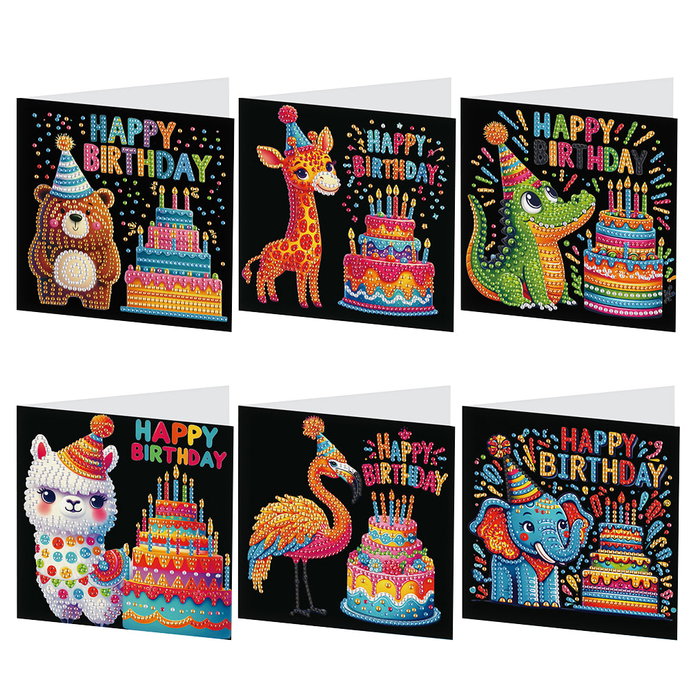 6Pcs Birthday Cake Animal DIY Diamond Painting Card Diamond Drawing Card