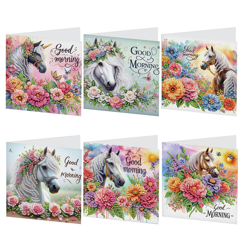 6Pcs Flower White Horse DIY Diamond Painting Card Diamond Drawing Card