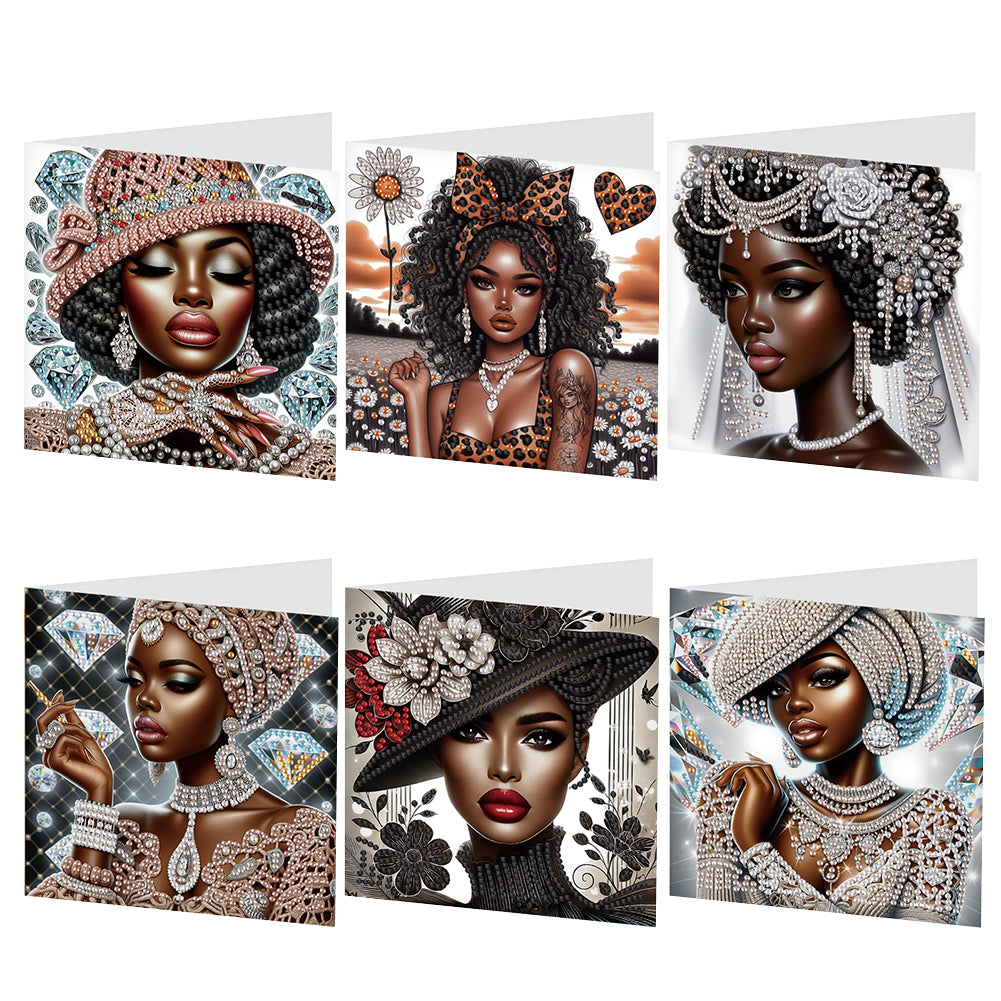 6Pcs Black Woman DIY Diamond Painting Card Diamond Drawing Card for Adults