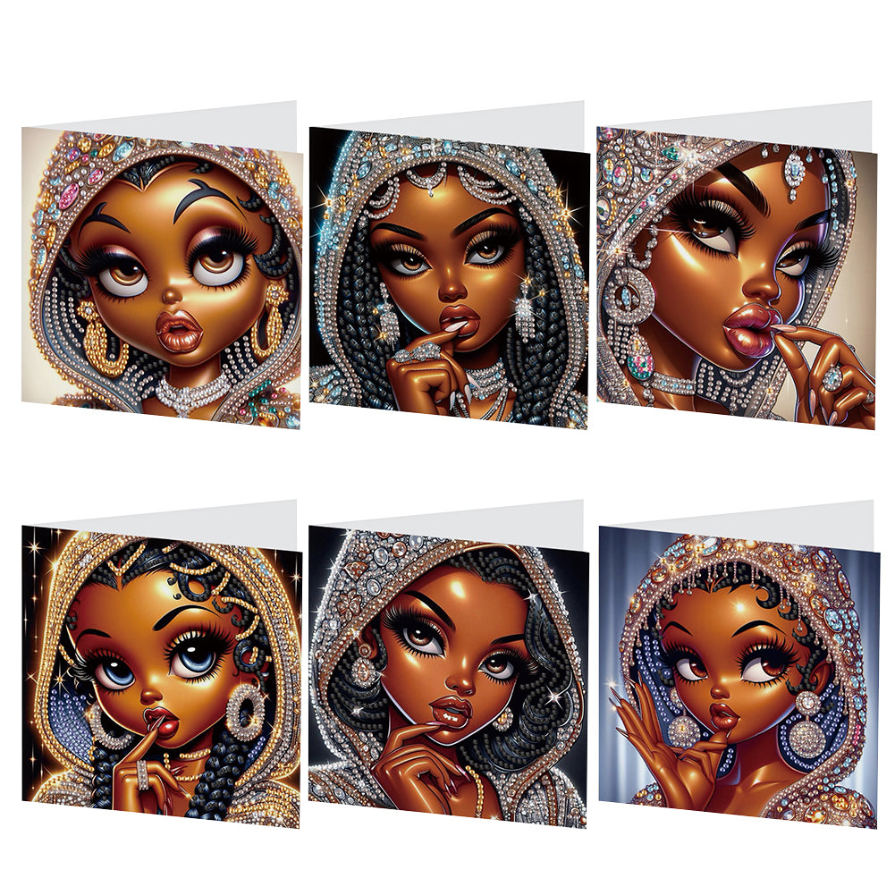 6Pcs Black Girl DIY Diamond Painting Card Diamond Drawing Card for Adults