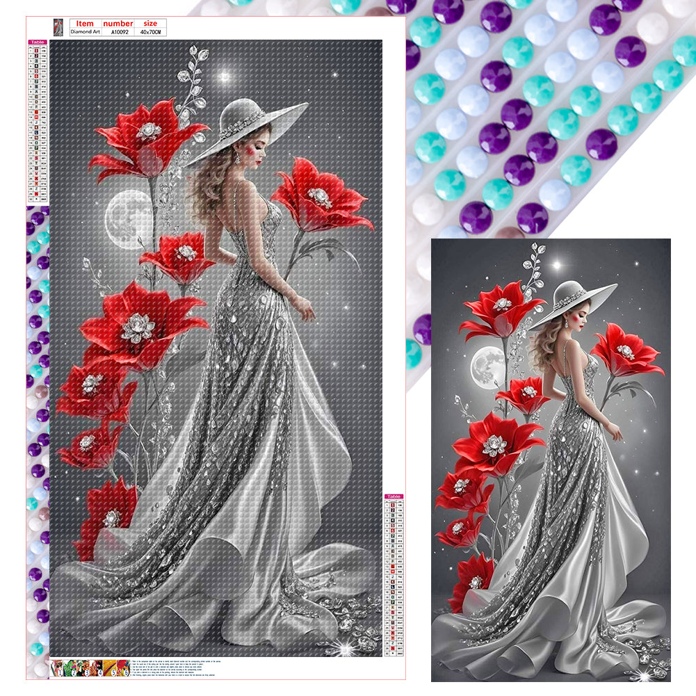 Diamond Painting - Full Round - Red Flower Moon Lady (40*70CM)