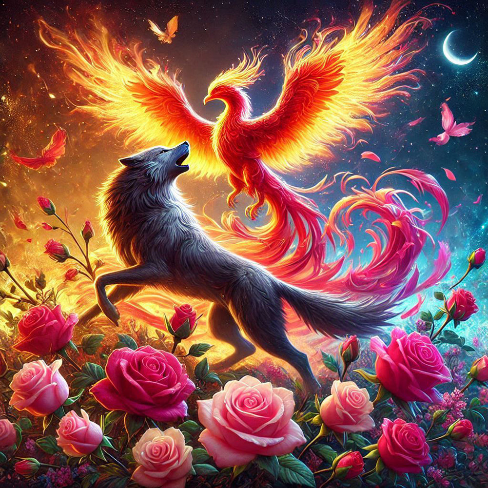 Diamond Painting - Full Round - Phoenix Wolf In Rose Field (40*40CM)