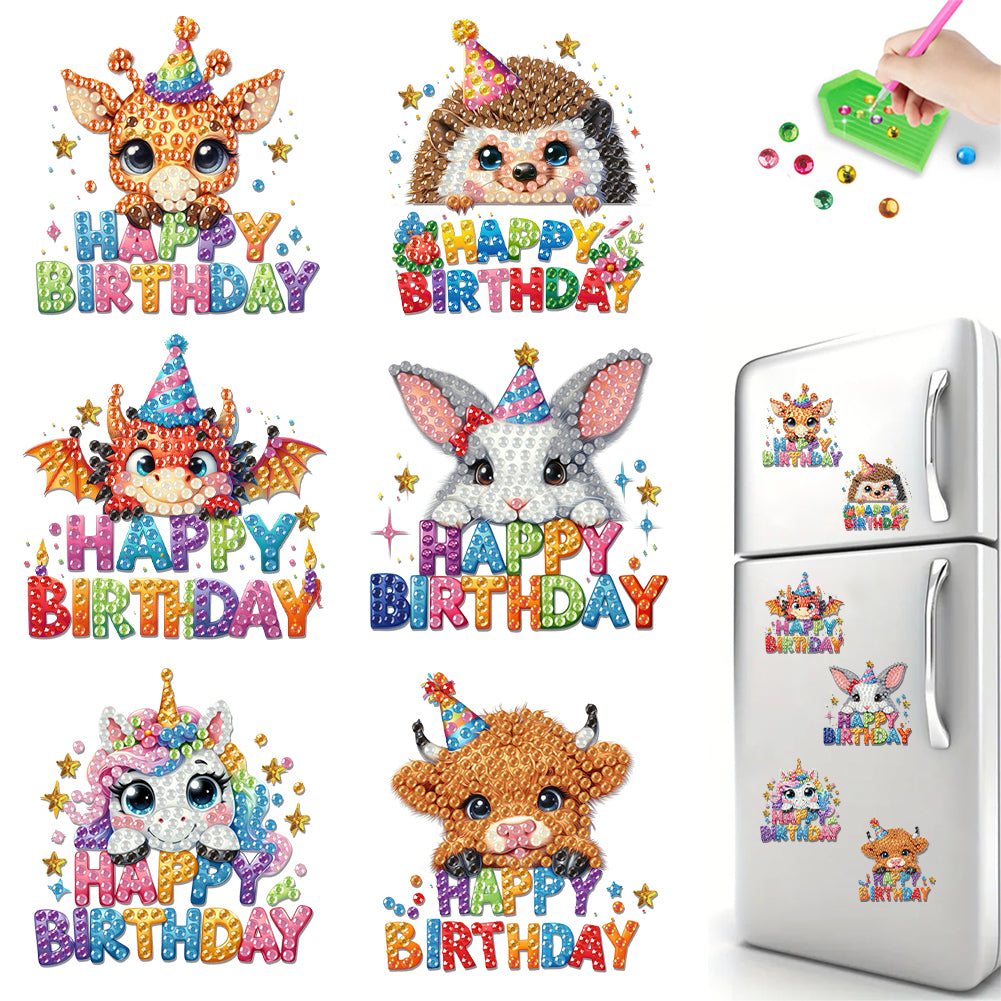 6Pcs Acrylic Animals Birthday Diamond Painting Fridge Magnet DIY Fridge Stickers