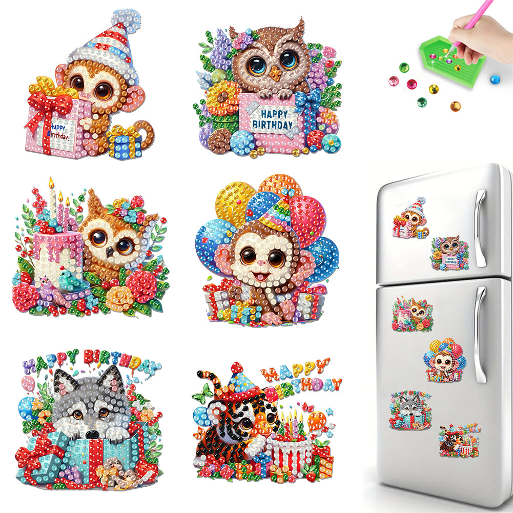 6Pcs Acrylic Animals Birthday Diamond Painting Fridge Magnet DIY Fridge Stickers