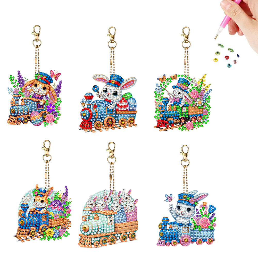 6Pcs Double Sided Special Shape Animals Diamond Art Keyring for Beginners Adults