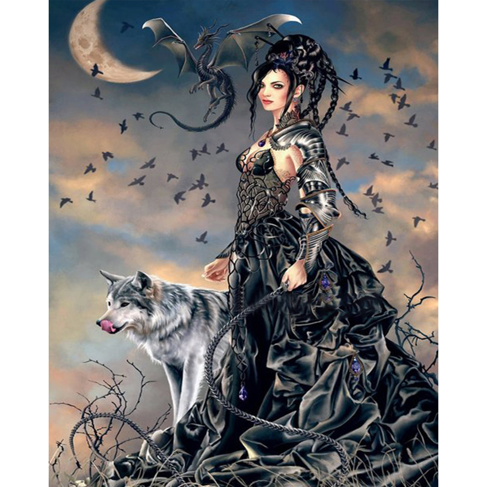 Diamond Painting - Full Round - Moon Cool Girl And Wolf (40*50CM)