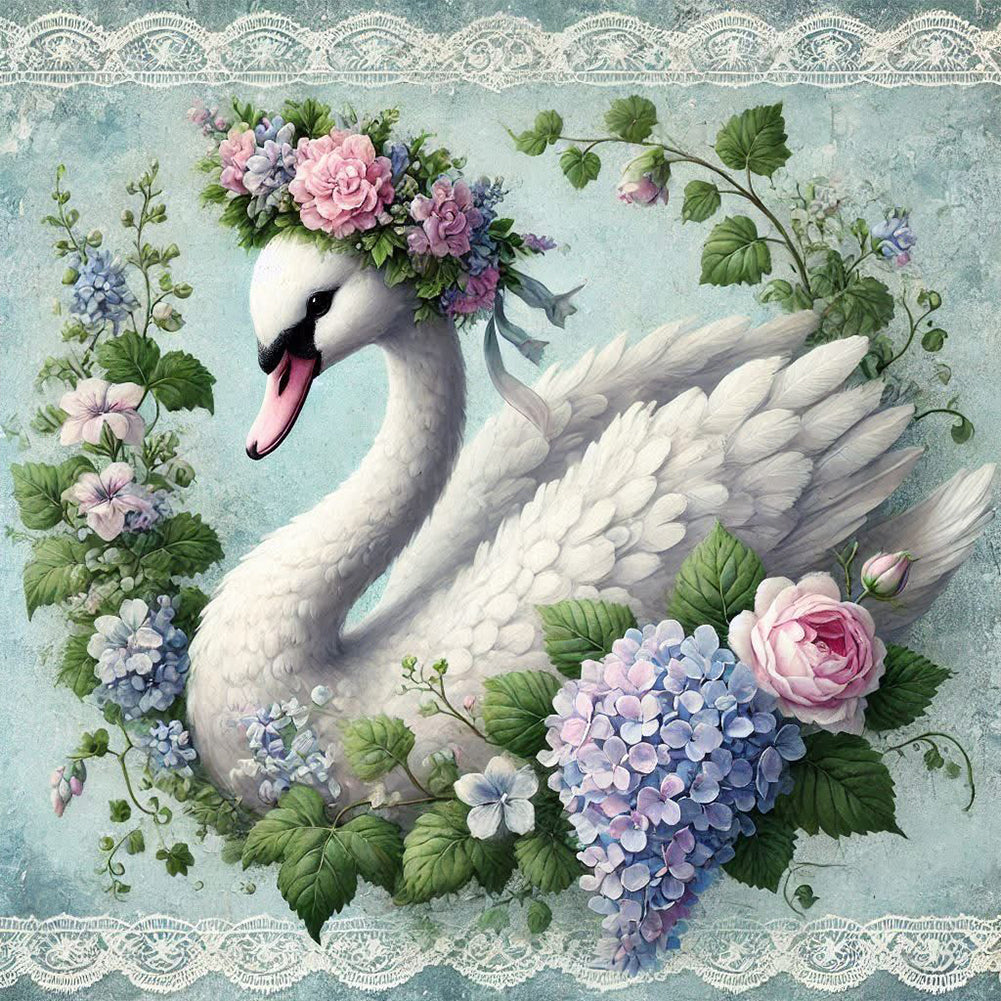 Diamond Painting - Full Round - White Swan With Flowers (40*40CM)