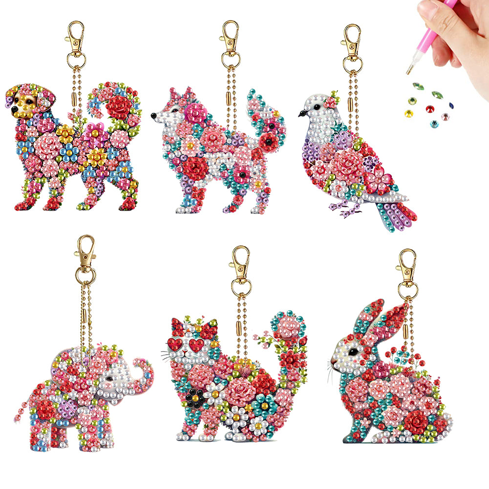 6Pcs Double Sided Special Shape Animals Diamond Art Keyring for Beginners Adults