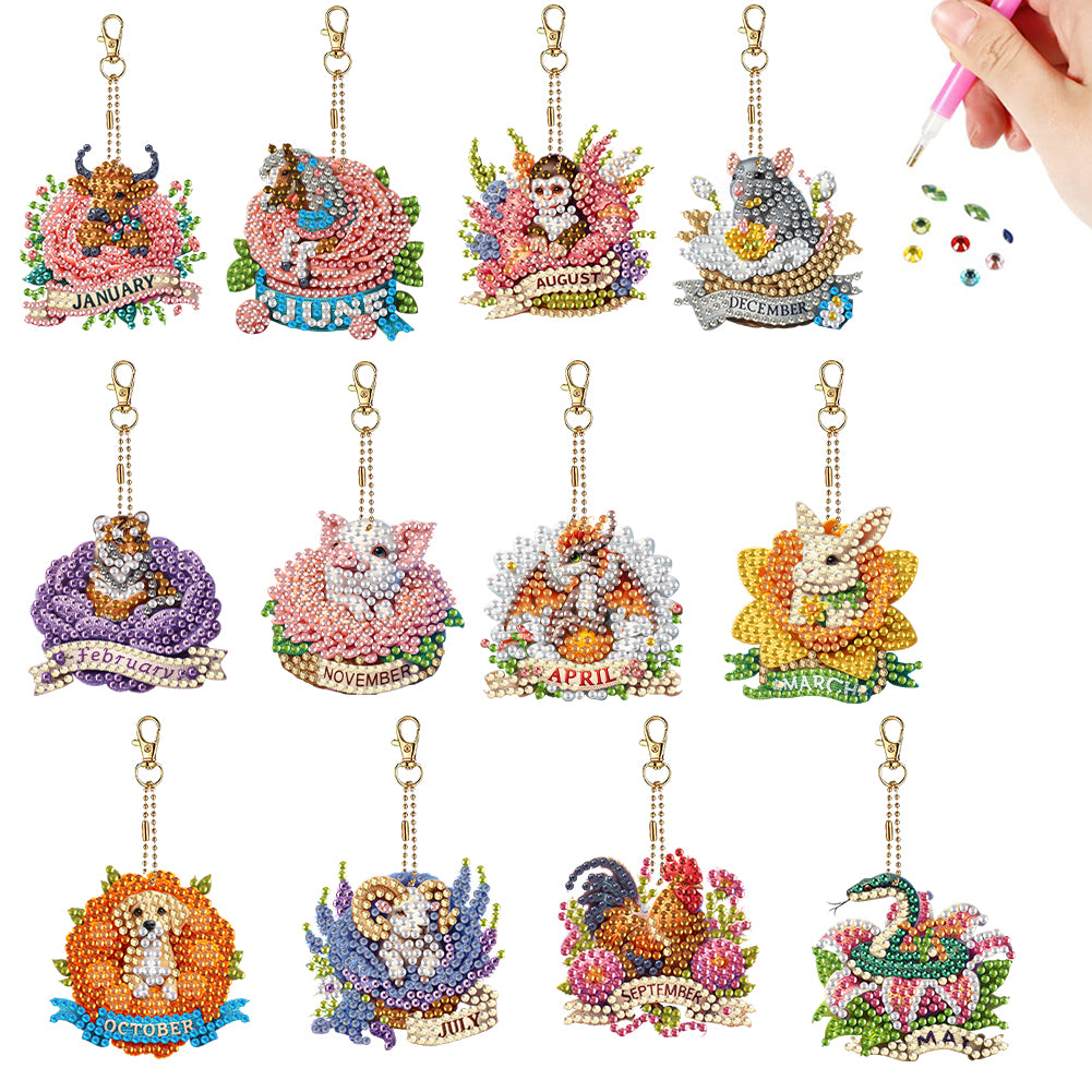 6Pcs Double Sided Special Shape Animals Diamond Art Keyring for Beginners Adults