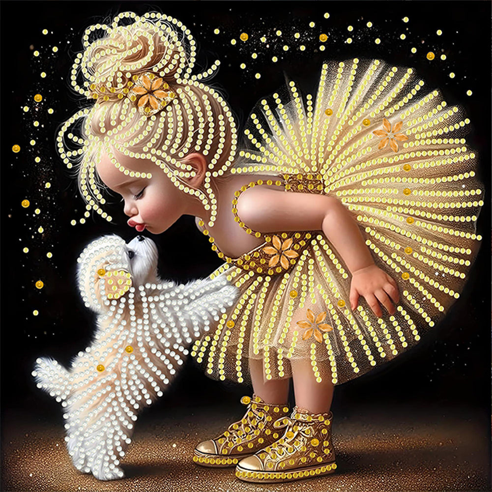 Diamond Painting - Partial Special Shaped - Girl In Gauze Skirt And Dog (30*30CM)