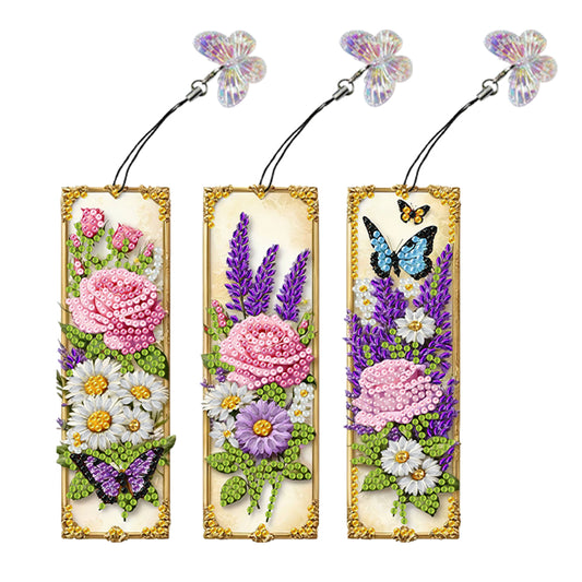 3Pcs Special Shaped Colorful Flower 5D DIY Diamond Art Book Mark for Home Office
