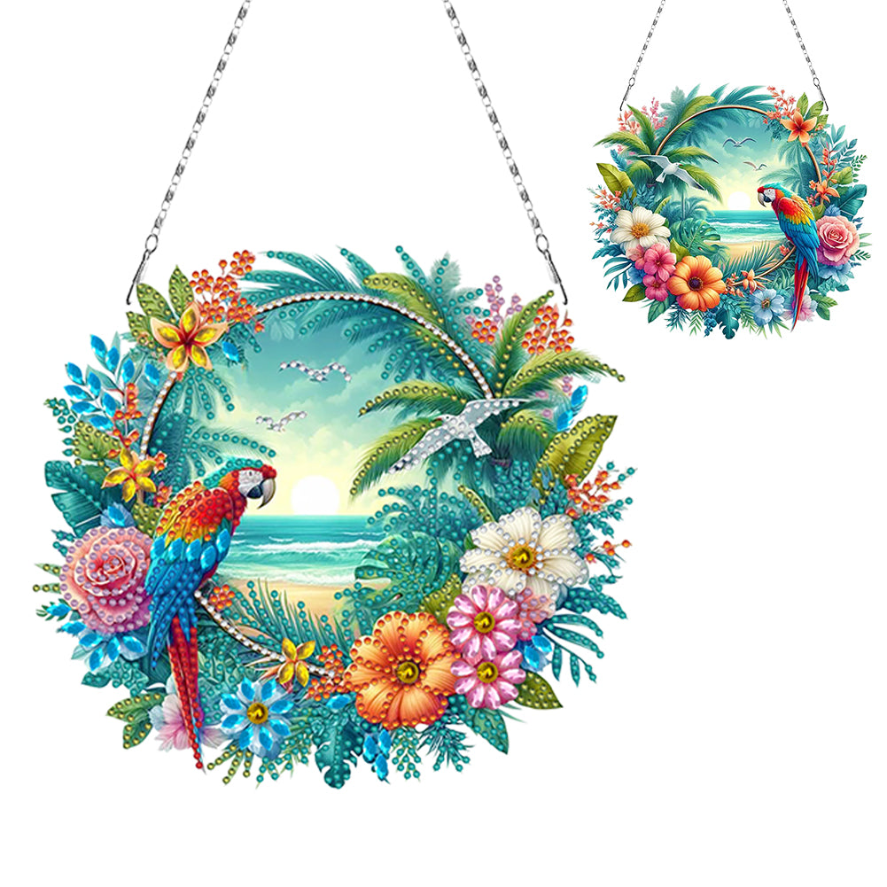 Acrylic Special Shape Beach Parrots DIY Diamond Art Pendant Kit for Wall Window