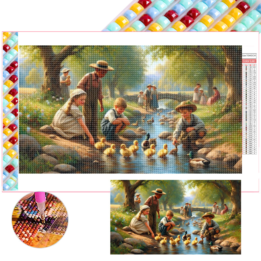 Diamond Painting - Full Square - Children Playing With Ducks By The Stream (70*40CM)