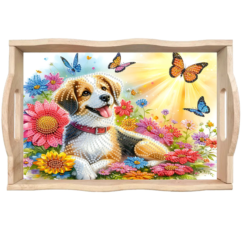 Wooden Animals Flowers 5D DIY Diamond Painting Serving Tray with Handle for Desk