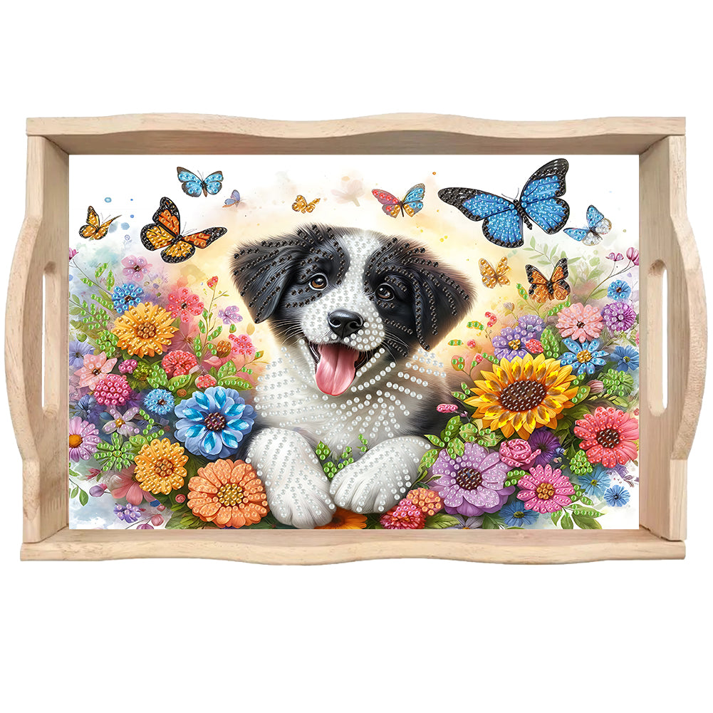 Wooden Animals Flowers 5D DIY Diamond Painting Serving Tray with Handle for Desk