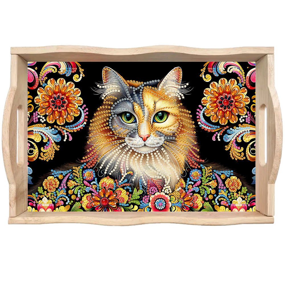 Wooden Animals Flowers 5D DIY Diamond Painting Serving Tray with Handle for Desk