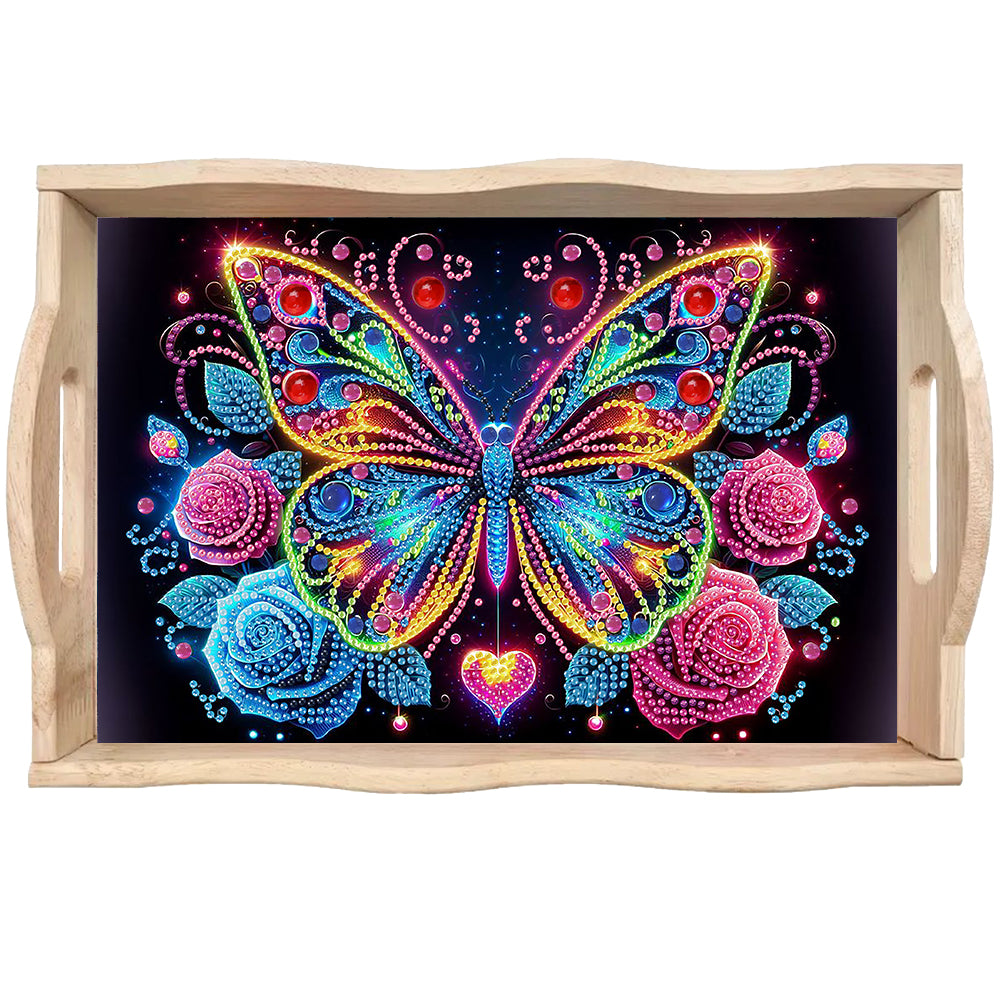 Wooden Animals Flowers 5D DIY Diamond Painting Serving Tray with Handle for Desk