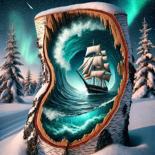 Diamond Painting - Full Round - Snowy Night Aurora Waves Sailboat (40*40CM)