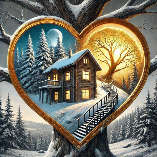 Diamond Painting - Full Round - Heart Tree Hole Snowy Night House (40*40CM)