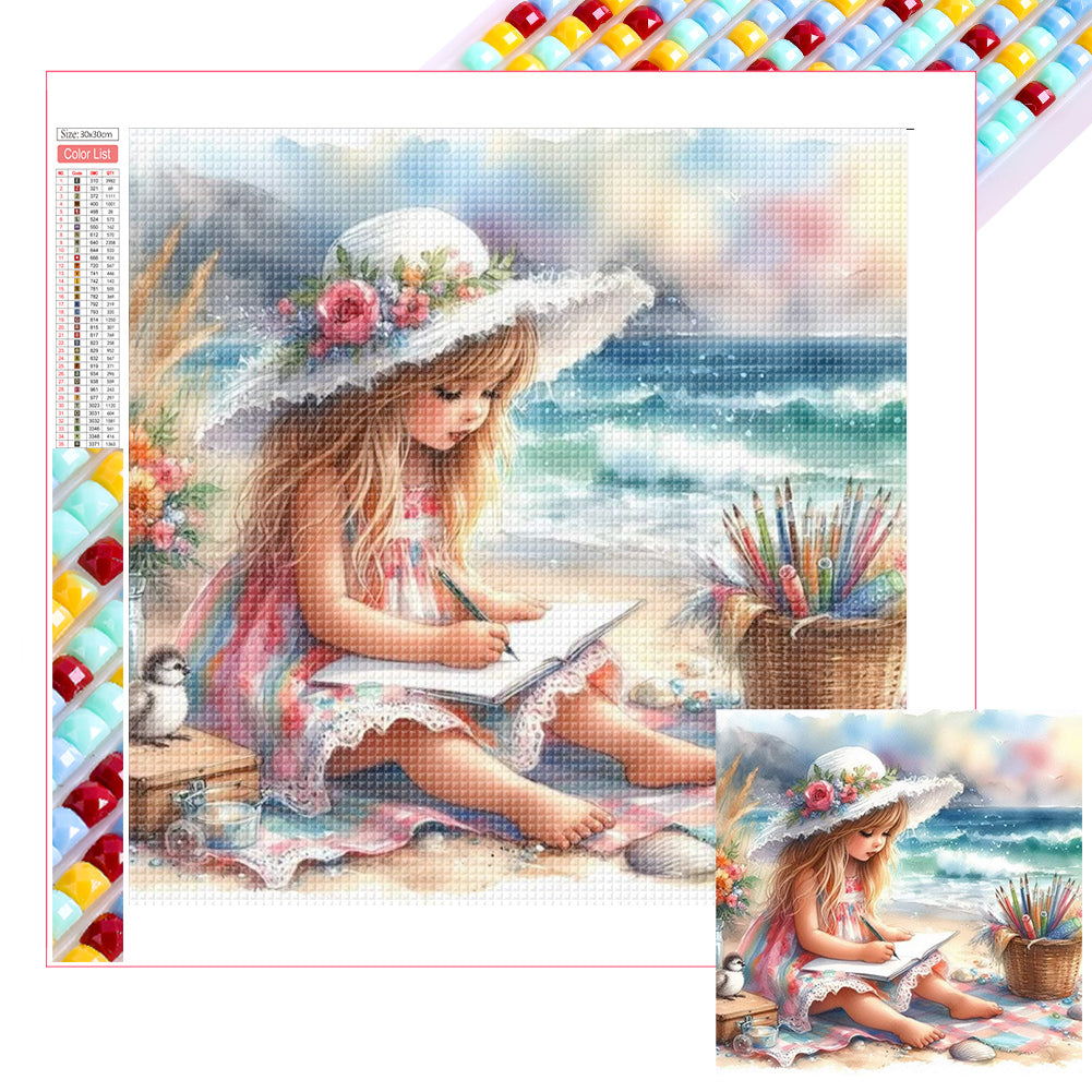 Diamond Painting - Full Square - Little Girl Playing On The Beach In Summer (30*30CM)