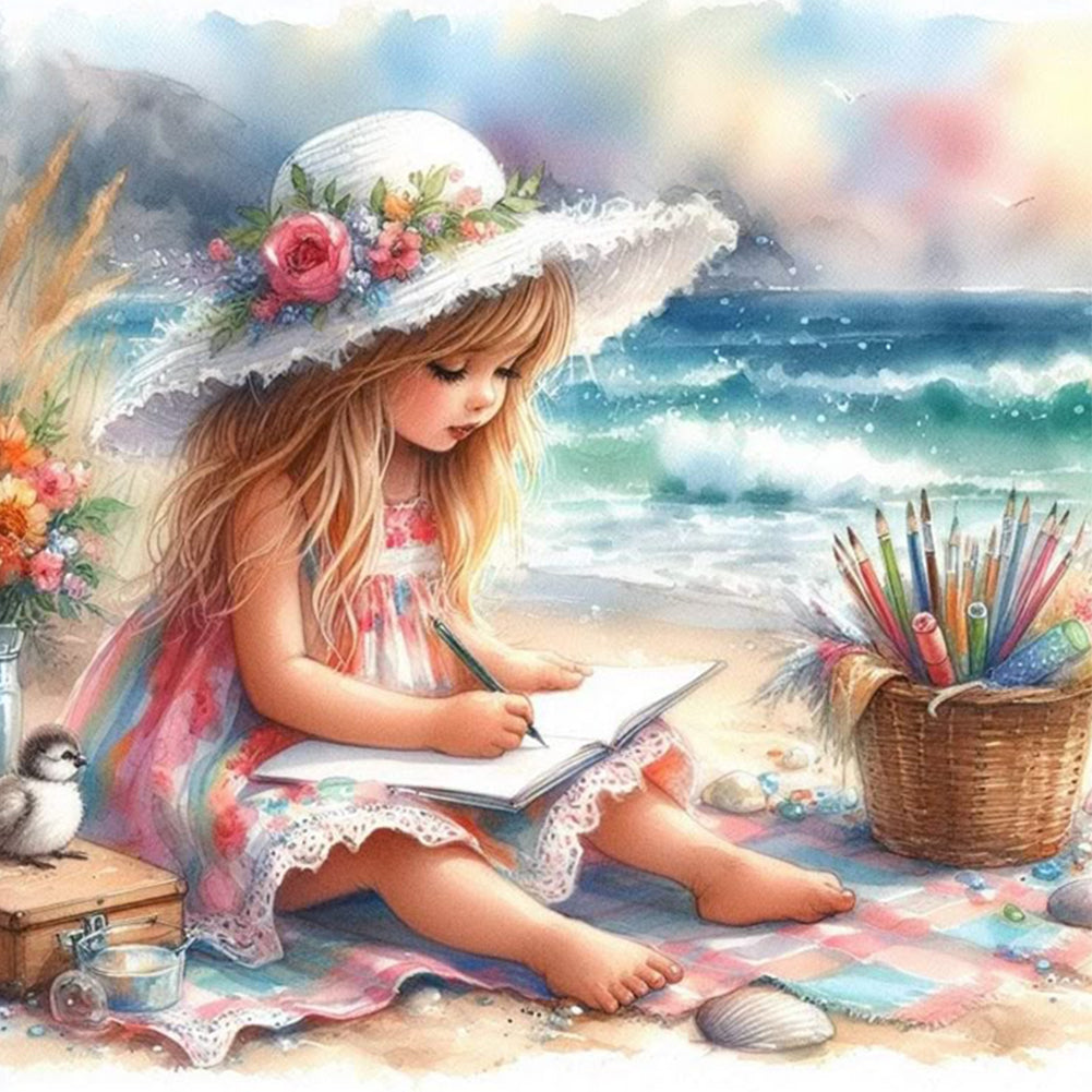 Diamond Painting - Full Square - Little Girl Playing On The Beach In Summer (30*30CM)