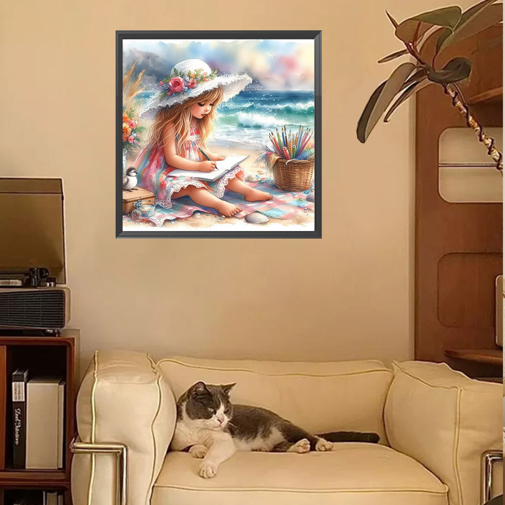 Diamond Painting - Full Square - Little Girl Playing On The Beach In Summer (30*30CM)