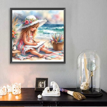 Diamond Painting - Full Square - Little Girl Playing On The Beach In Summer (30*30CM)