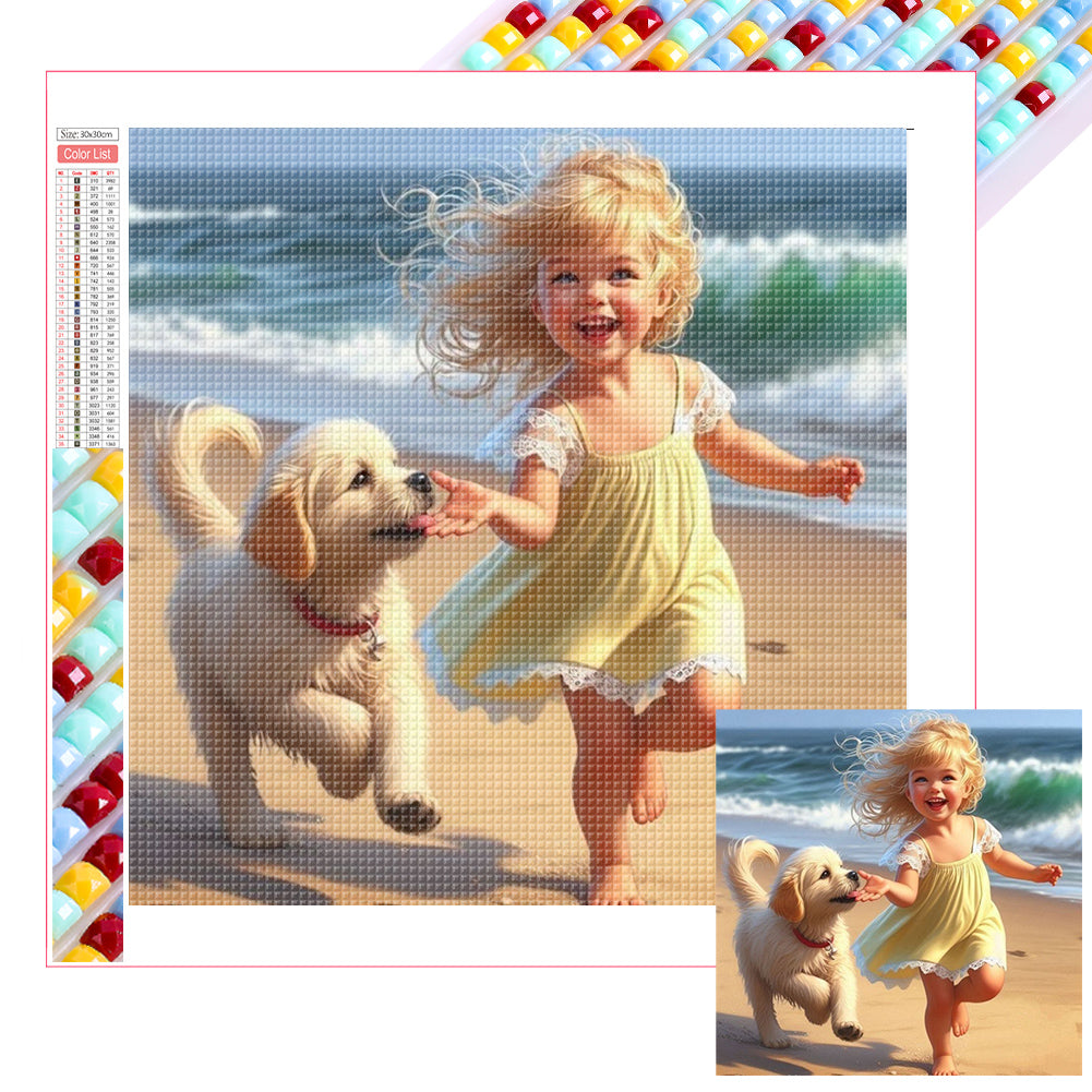 Diamond Painting - Full Square - Little Girl Playing On The Beach In Summer (30*30CM)