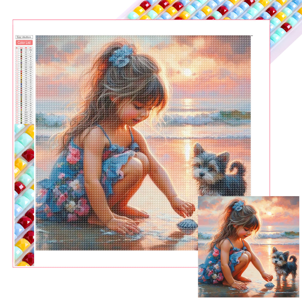Diamond Painting - Full Square - Little Girl Playing On The Beach In Summer (30*30CM)