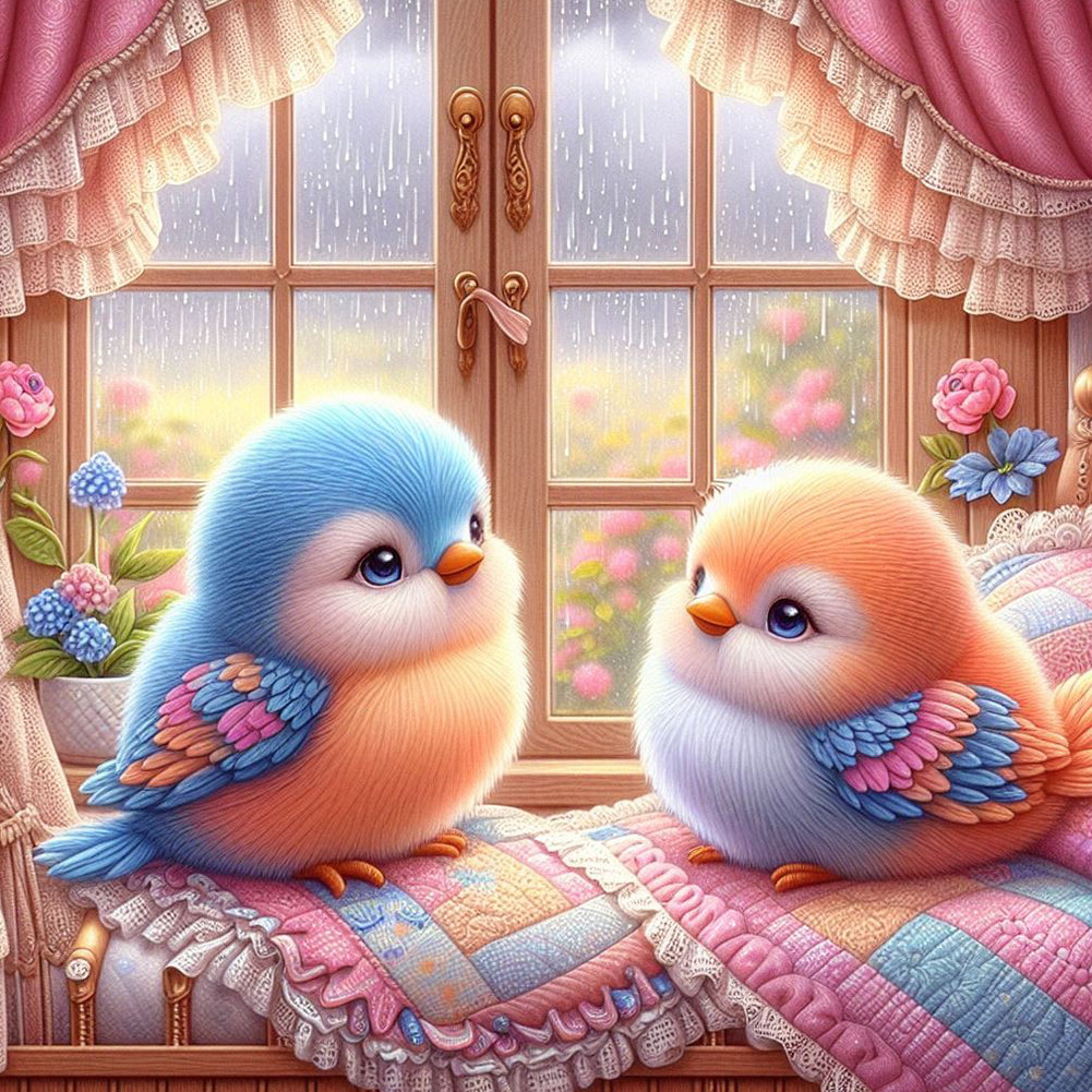 Diamond Painting - Full Round - Blue And Orange Double Bird Indoors On Rainy Days (40*40CM)