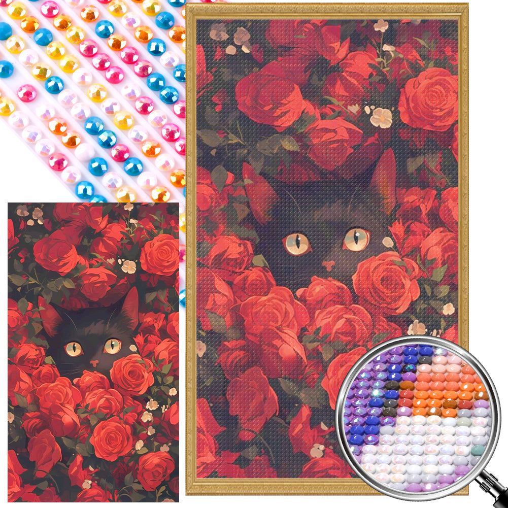 AB Diamond Painting - Full Round - Black Cat In The Red Rose Bush (40*70CM)