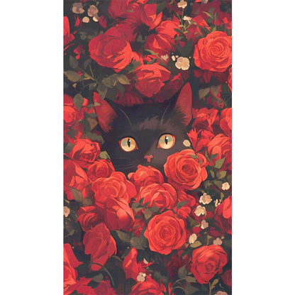 AB Diamond Painting - Full Round - Black Cat In The Red Rose Bush (40*70CM)