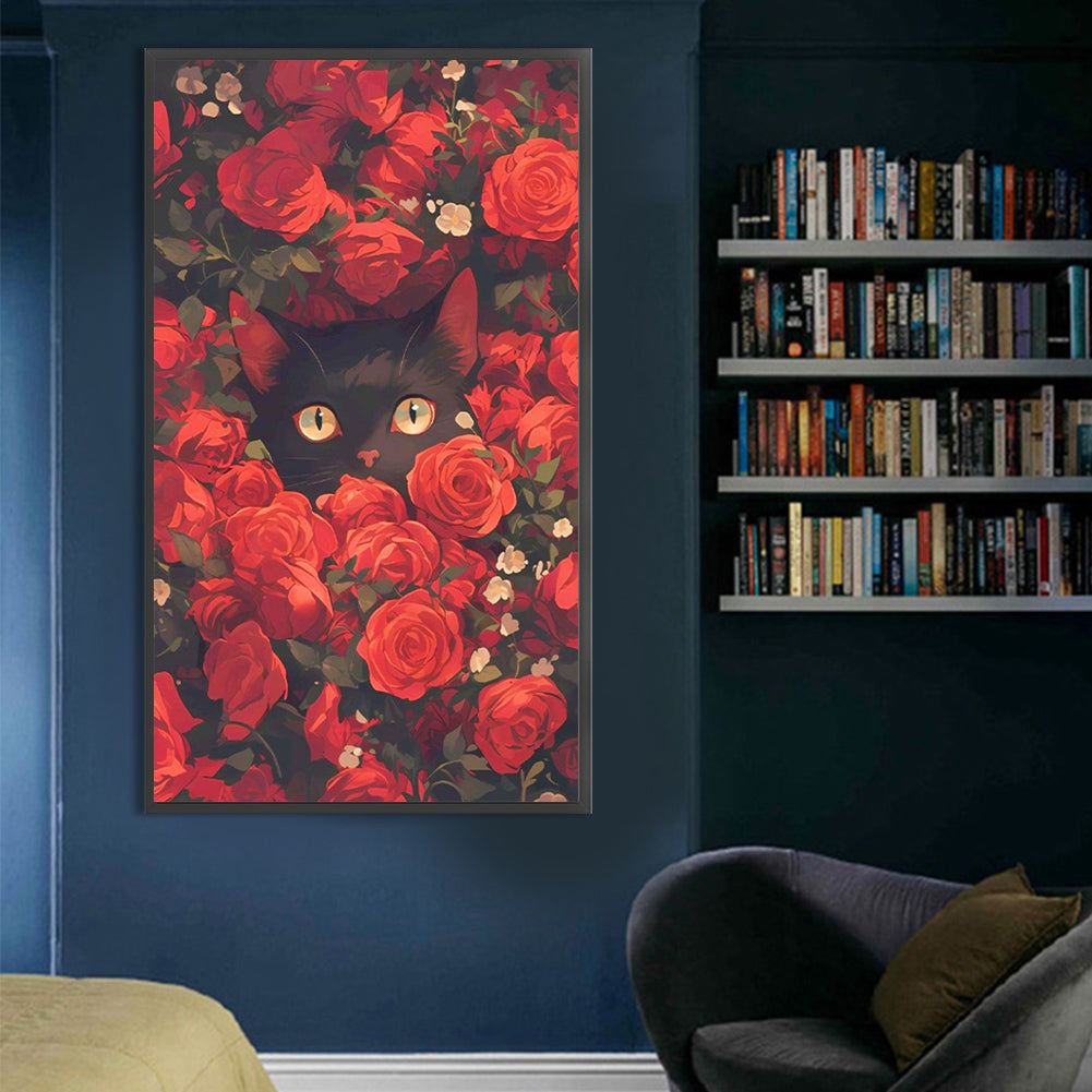 AB Diamond Painting - Full Round - Black Cat In The Red Rose Bush (40*70CM)