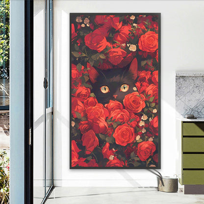 AB Diamond Painting - Full Round - Black Cat In The Red Rose Bush (40*70CM)