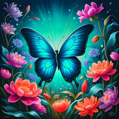 Diamond Painting - Full Round - Flower Blue Butterfly (30*30CM)