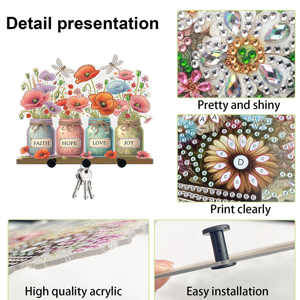 Acrylic Vase Bouquet Diamond Art Hanging Hooks A Row of 3 Hooks DIY Crafts Decor
