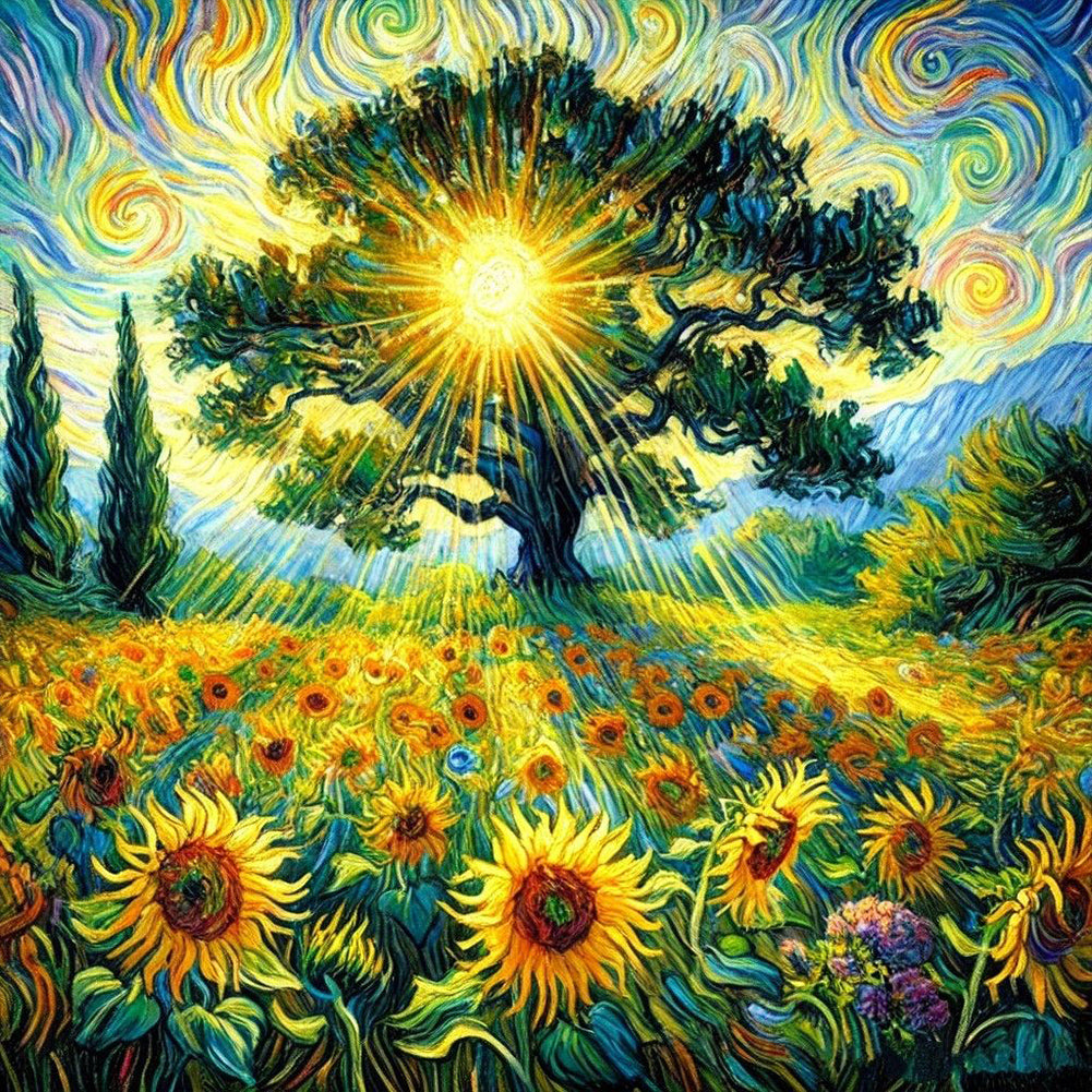Diamond Painting - Full Round - Landscape Tree Of Life Sunflower Field (40*40CM)