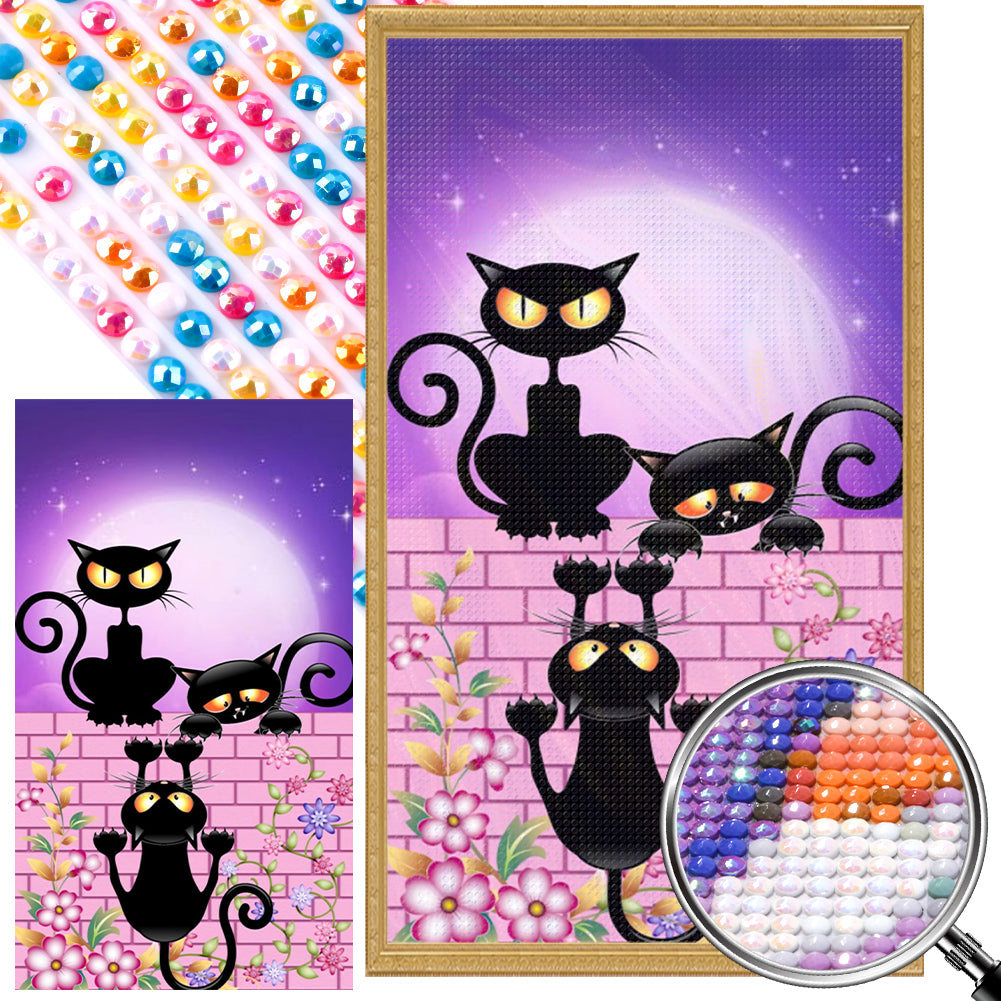 AB Diamond Painting - Full Round - Little Black Cats On The Wall Under The Moon (40*70CM)