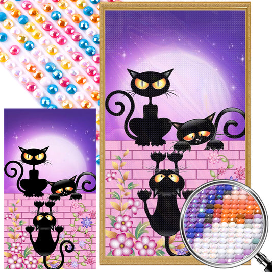 AB Diamond Painting - Full Round - Little Black Cats On The Wall Under The Moon (40*70CM)