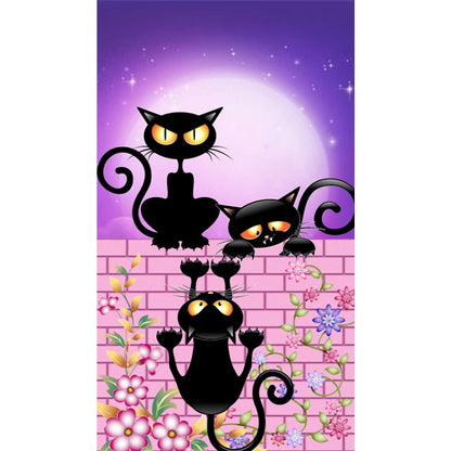 AB Diamond Painting - Full Round - Little Black Cats On The Wall Under The Moon (40*70CM)