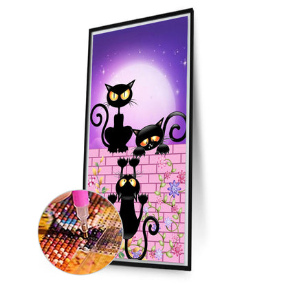 AB Diamond Painting - Full Round - Little Black Cats On The Wall Under The Moon (40*70CM)