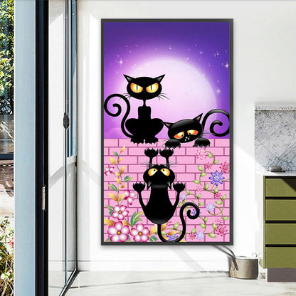 AB Diamond Painting - Full Round - Little Black Cats On The Wall Under The Moon (40*70CM)