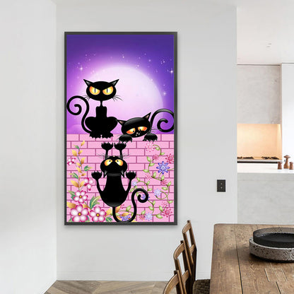 AB Diamond Painting - Full Round - Little Black Cats On The Wall Under The Moon (40*70CM)