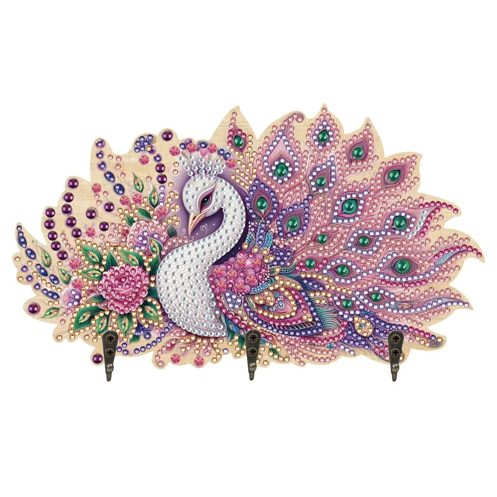 Wooden Pink Feather Peacock Diamond Painting Craft Wall Hooks A Row of 3 Hooks