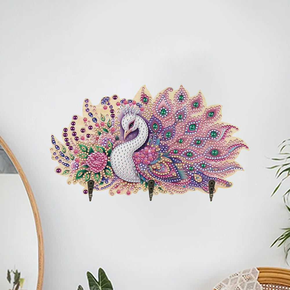Wooden Pink Feather Peacock Diamond Painting Craft Wall Hooks A Row of 3 Hooks