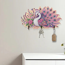 Load image into Gallery viewer, Wooden Pink Feather Peacock Diamond Painting Craft Wall Hooks A Row of 3 Hooks
