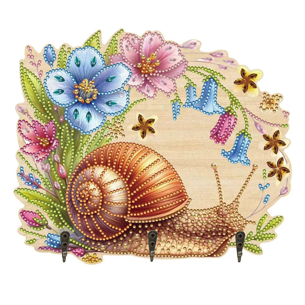 Wooden Wind Chime Snail Diamond Art Craft Wall Hooks A Row of 3 Hooks for Home