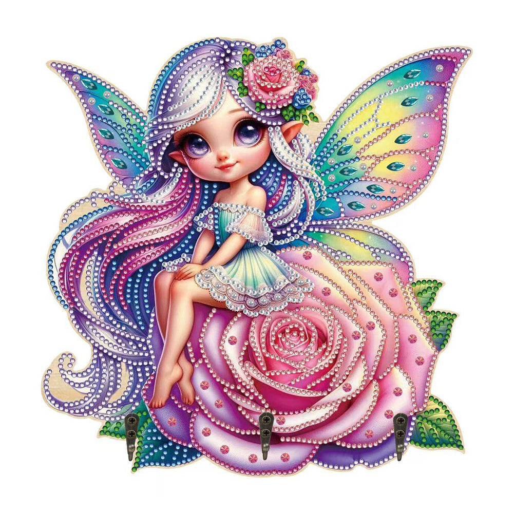 Wooden Elf Girl DIY Diamond Art Craft Wall Hooks A Row of 3 Hooks for Beginners