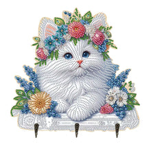 Load image into Gallery viewer, Wooden White Cat DIY Diamond Art Craft Wall Hooks A Row of 3 Hooks for Beginners
