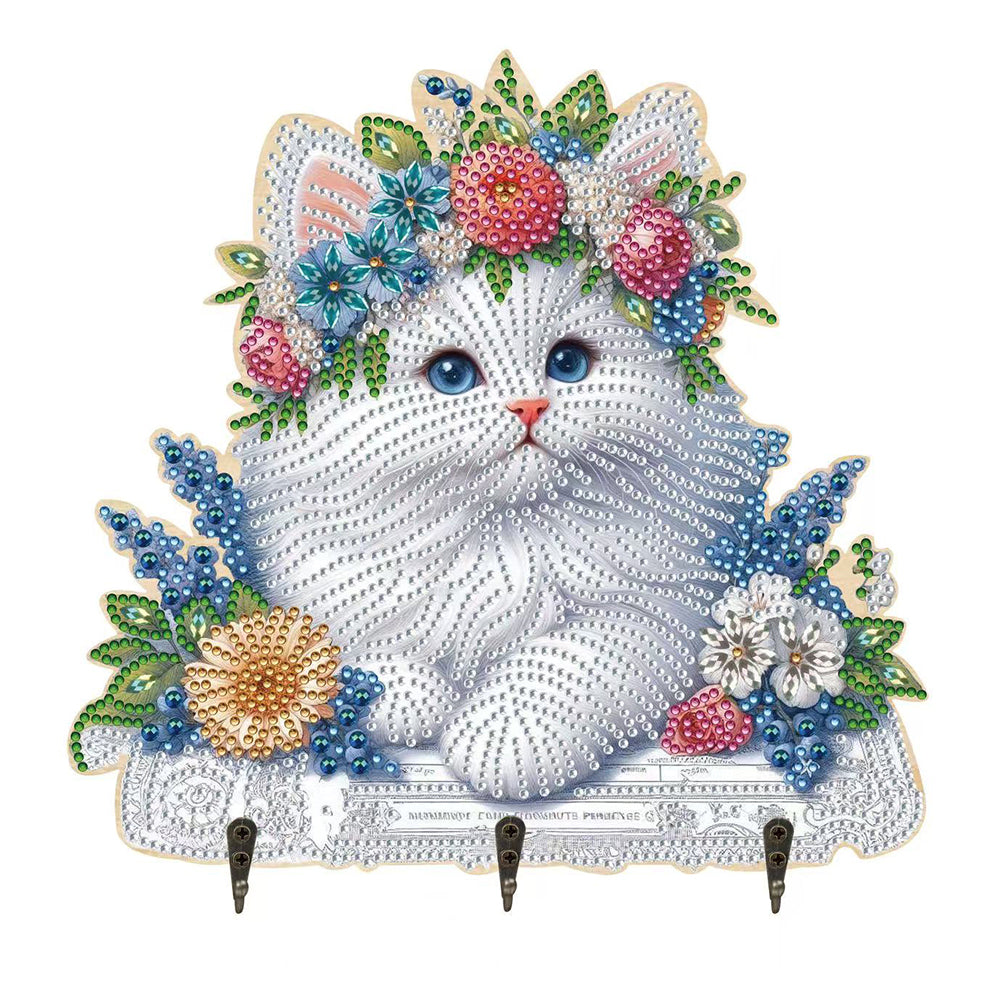 Wooden White Cat DIY Diamond Art Craft Wall Hooks A Row of 3 Hooks for Beginners